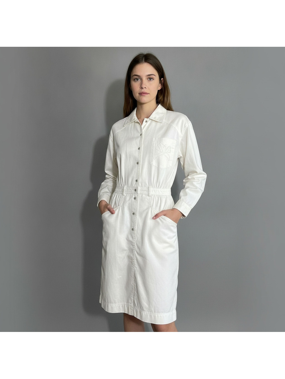 Vintage 90s Liz Claiborne Womens Off White Cotton Shirt Dress Size P4 Minimalist